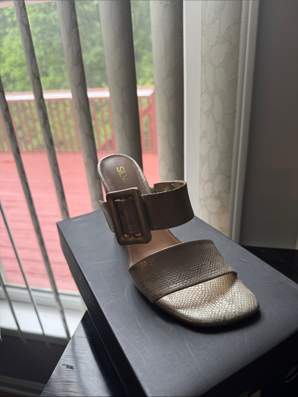 Metallic Gold Buckle Slide Mule